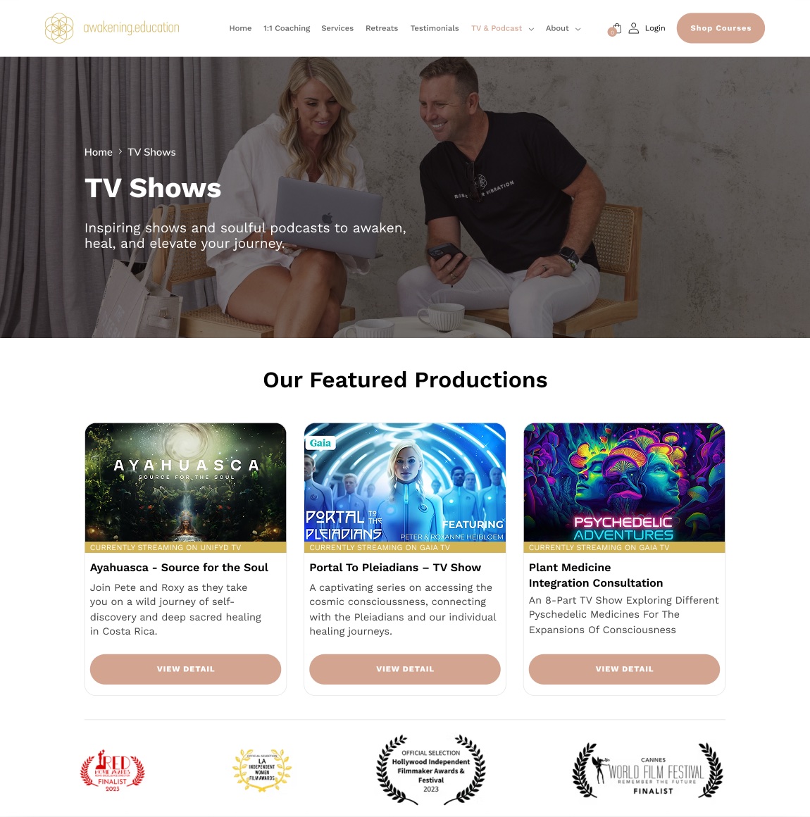Awakening Education TV Shows page with featured productions and festival laurels