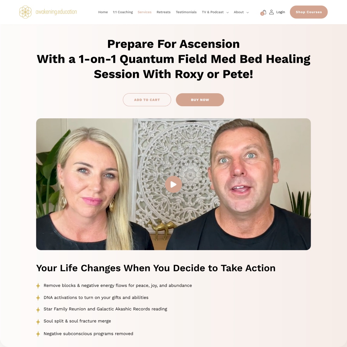 Awakening Education service page for a one-on-one healing session with video and benefits list