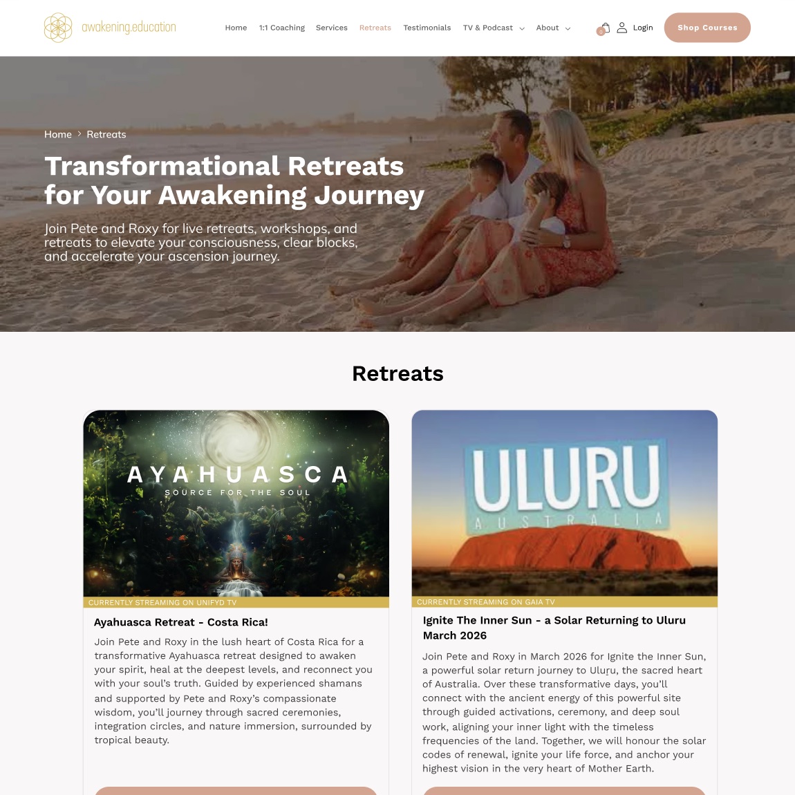 Awakening Education retreats page with retreat cards for Costa Rica and Uluru