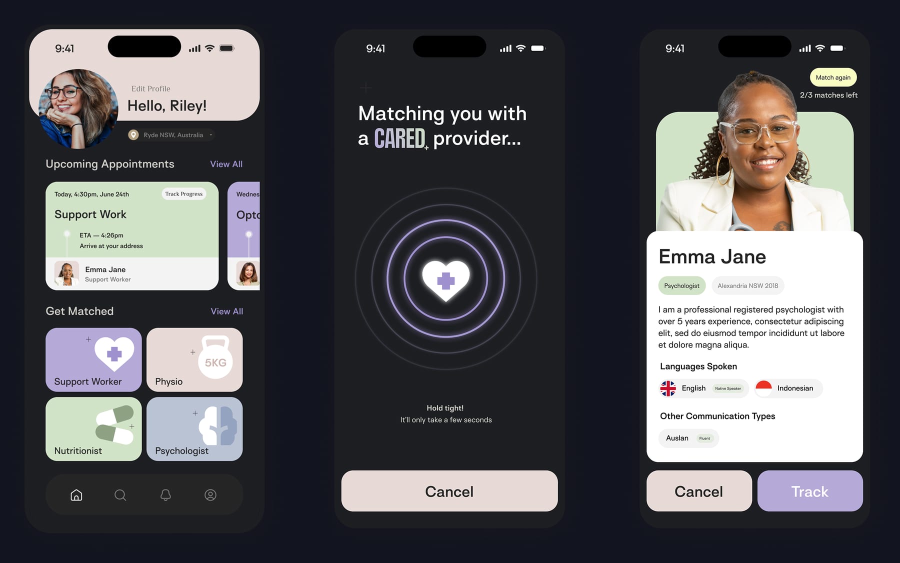 Three screens from the Cared mobile app: the home screen with upcoming appointments, the provider matching screen, and a provider profile