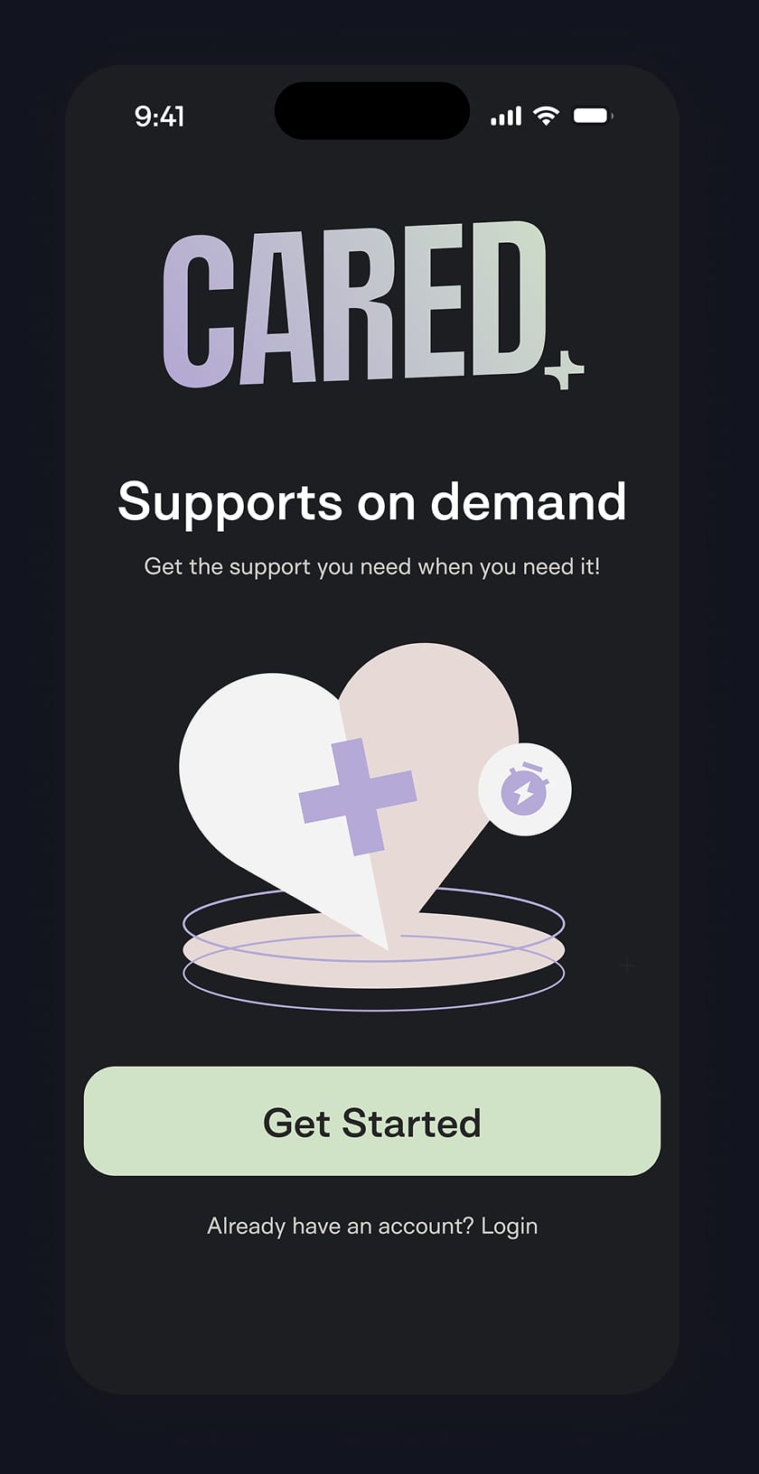 Cared welcome screen with the tagline Supports on demand and a Get Started button