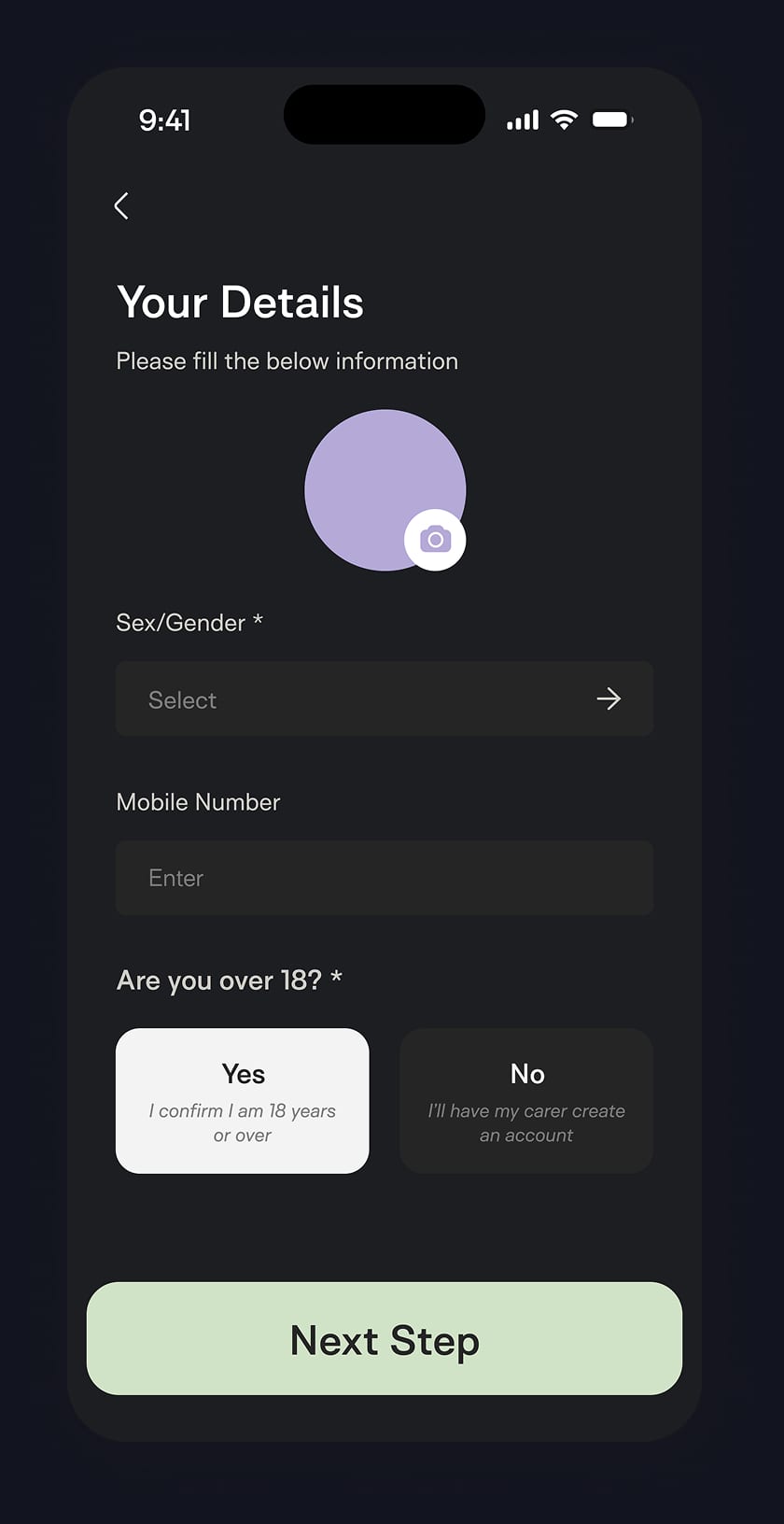 Cared Your Details onboarding screen with profile photo, gender, mobile number and age confirmation