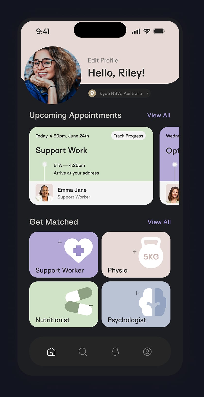 Cared home screen showing upcoming appointments and service tiles for support worker, physio, nutritionist and psychologist
