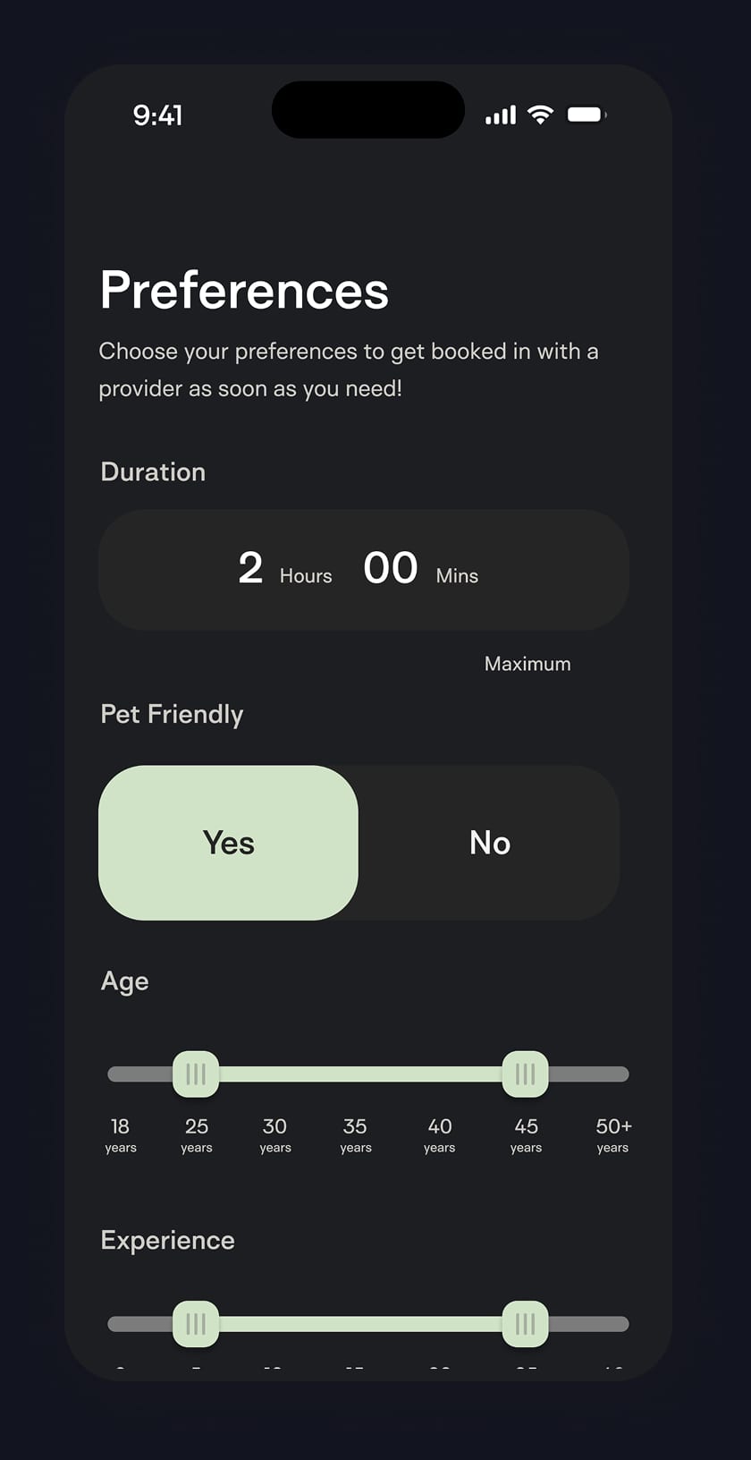 Cared preferences screen with duration, pet friendly toggle, age and experience sliders