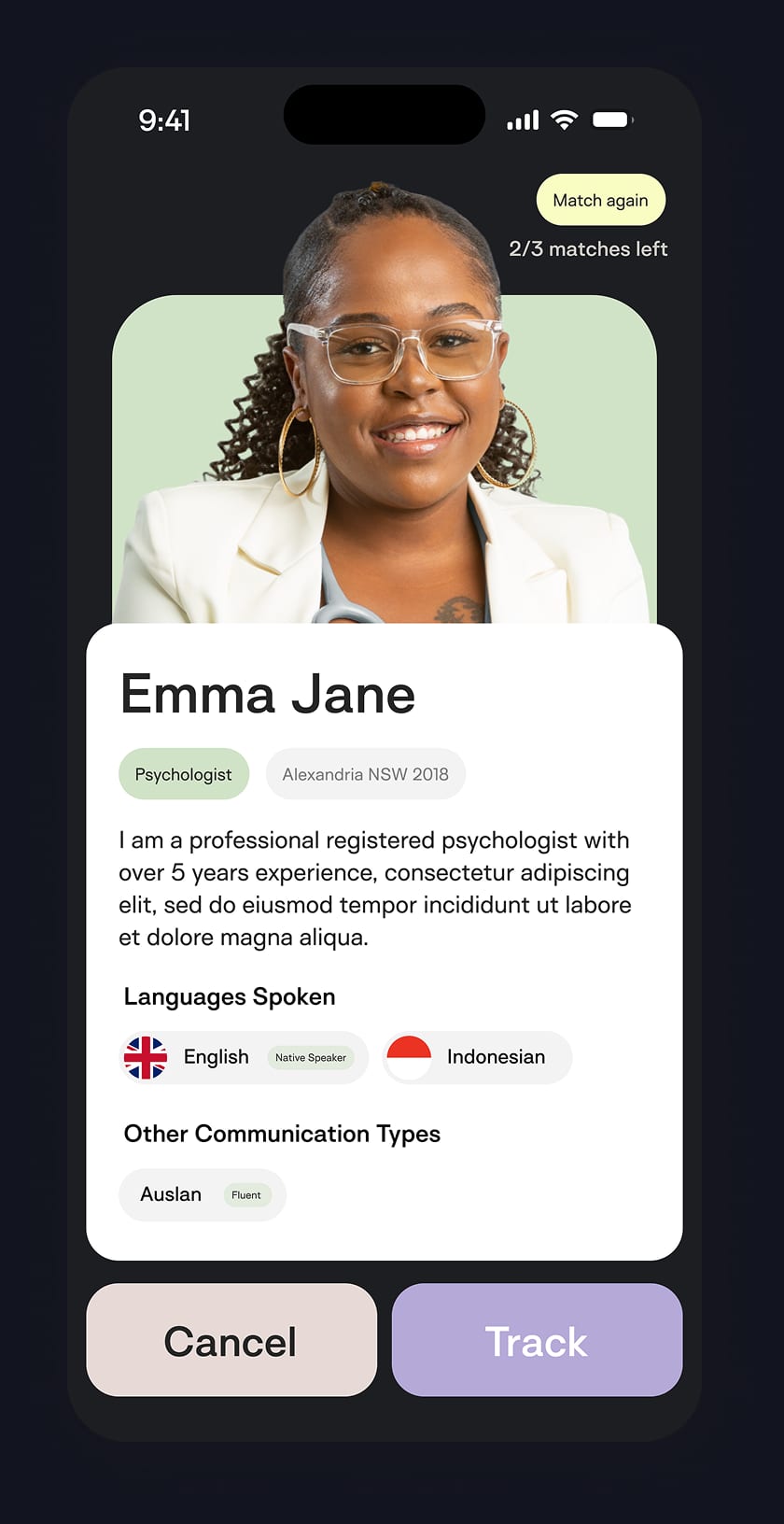 Cared provider profile showing a psychologist with bio, languages spoken and communication types
