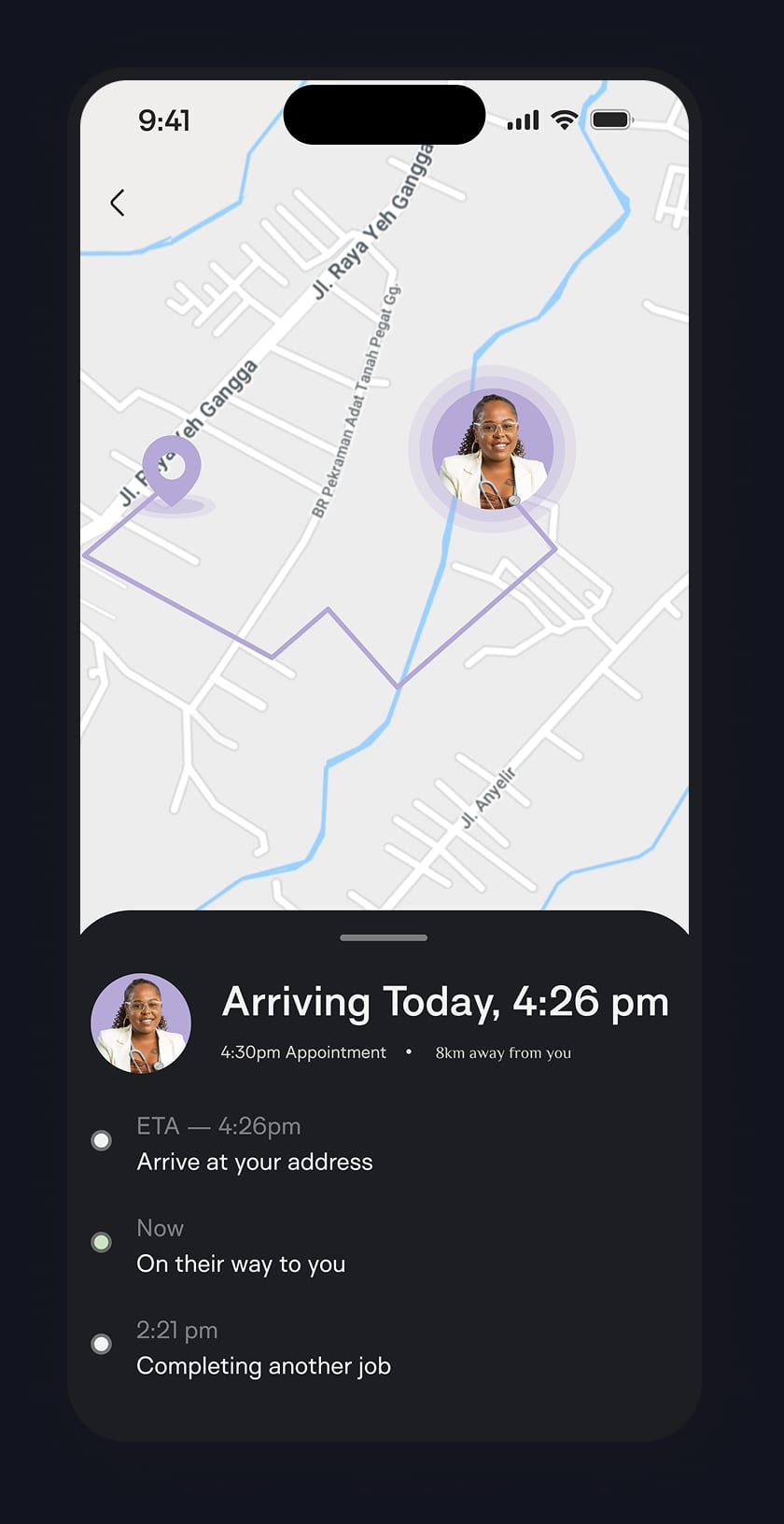 Cared live tracking map with provider arrival time and a step by step timeline
