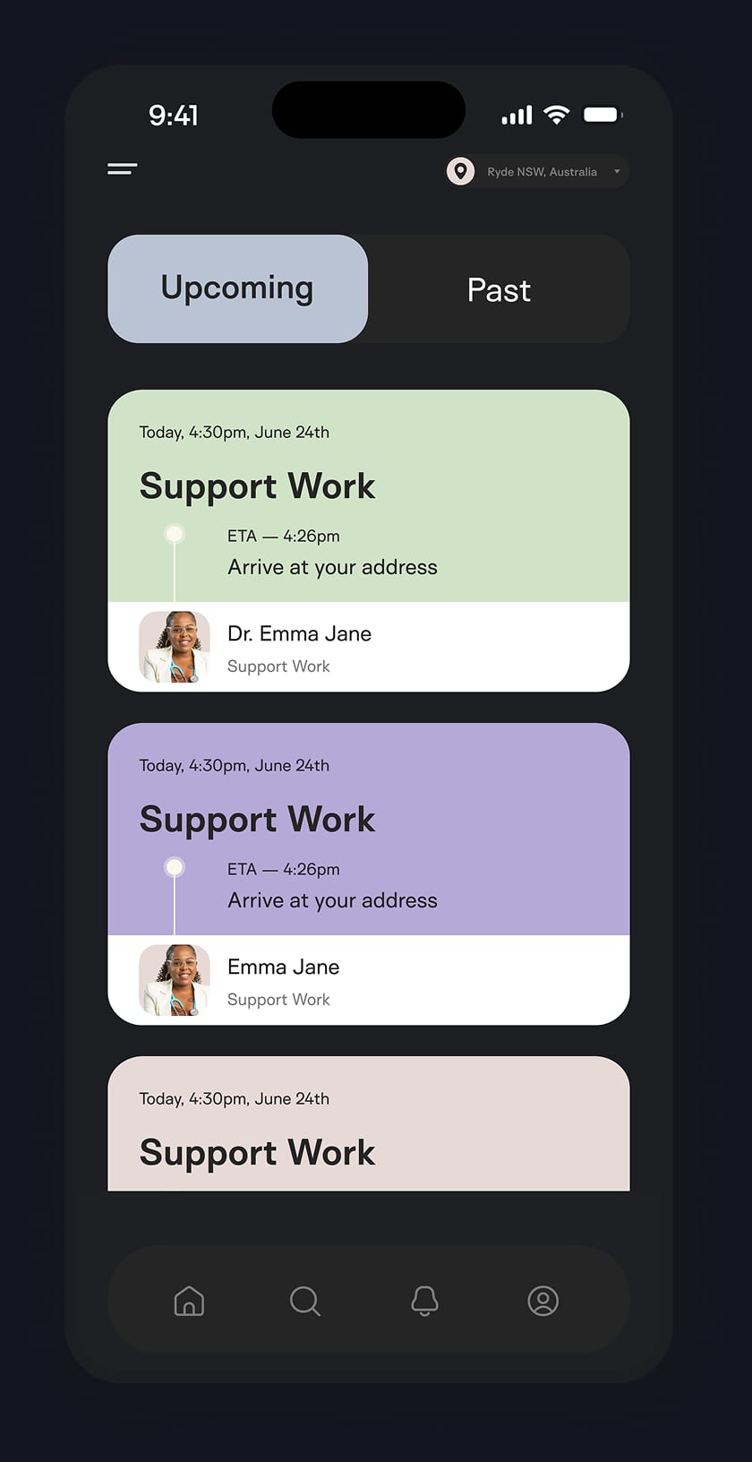 Cared appointments list with Upcoming and Past tabs and colour coded appointment cards