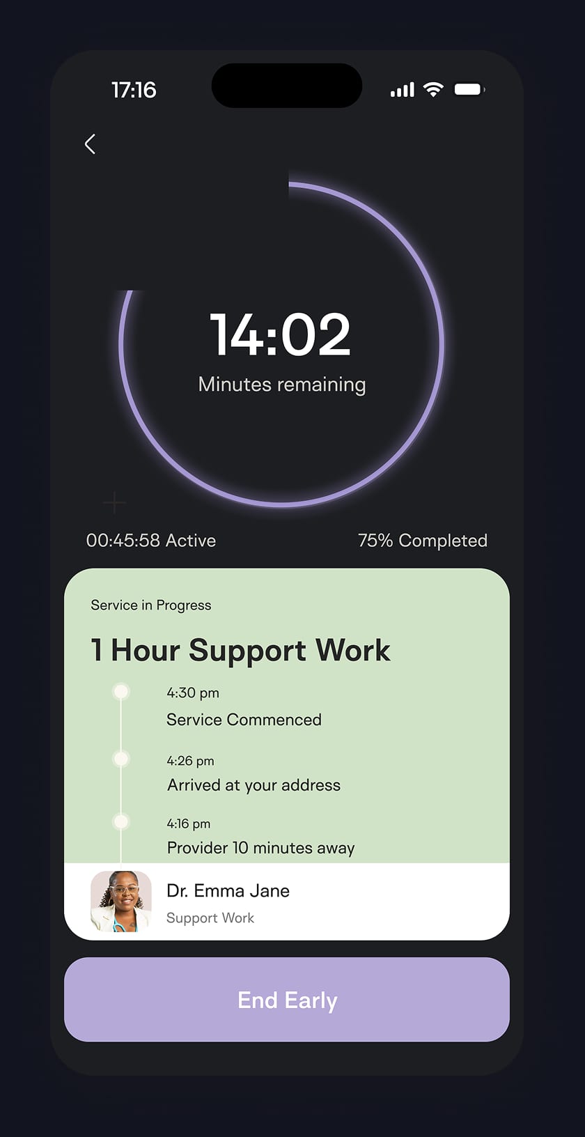 Cared session in progress screen with a countdown ring and a service timeline