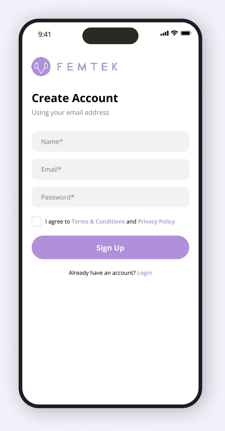 FemTek create account screen with name, email and password fields and a sign up button