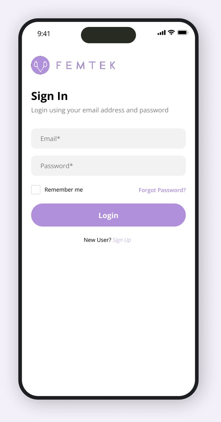 FemTek sign in screen with email and password fields, remember me and a login button