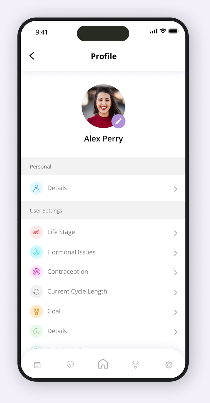 FemTek profile screen with personal details and user settings for life stage, hormonal issues, contraception, cycle length and goal