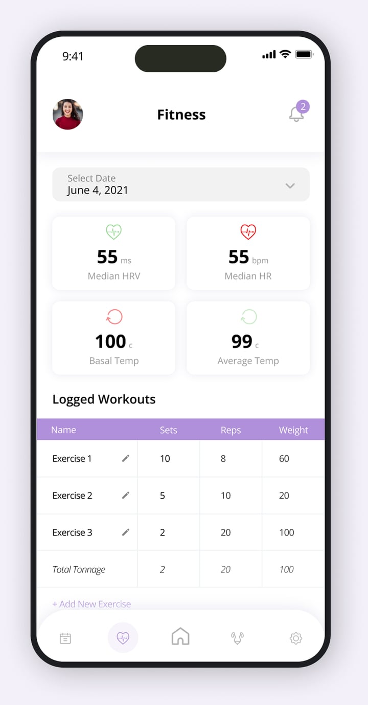 FemTek fitness screen with HRV, heart rate, basal and average temperature cards and a logged workouts table