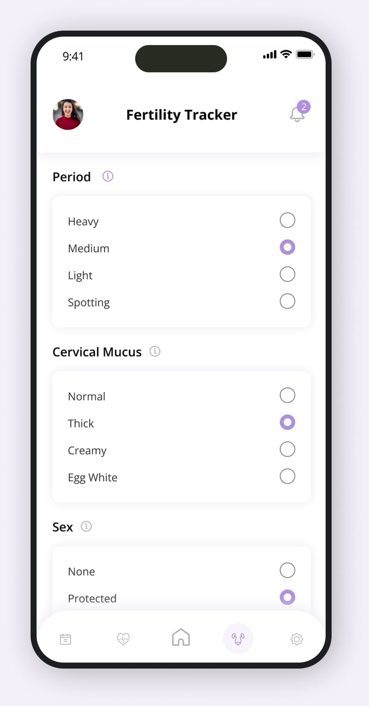 FemTek fertility tracker screen with period flow, cervical mucus and sex options