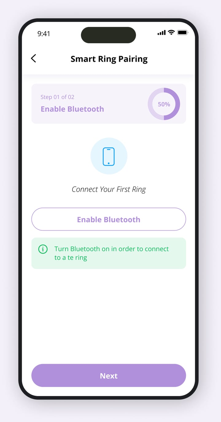 FemTek smart ring pairing step one asking the user to enable Bluetooth
