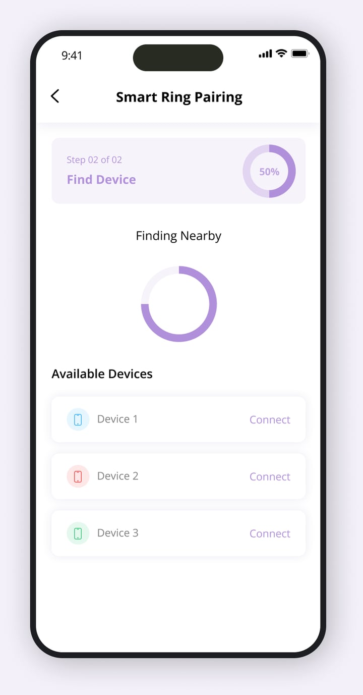 FemTek smart ring pairing step two listing available nearby devices to connect