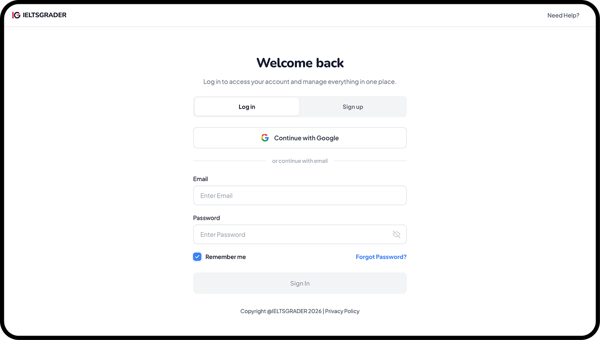 IELTSGRADER login screen with Google sign-in and email options
