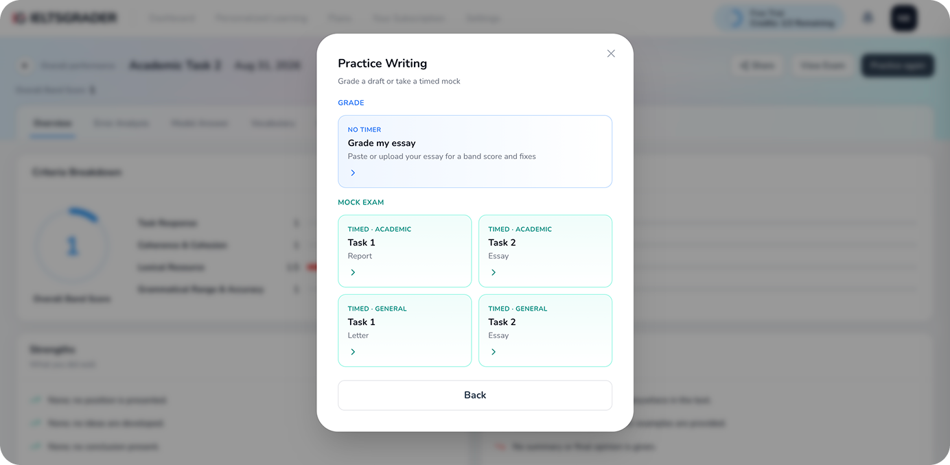 Practice Writing dialog offering untimed grading or timed Academic and General mock exams