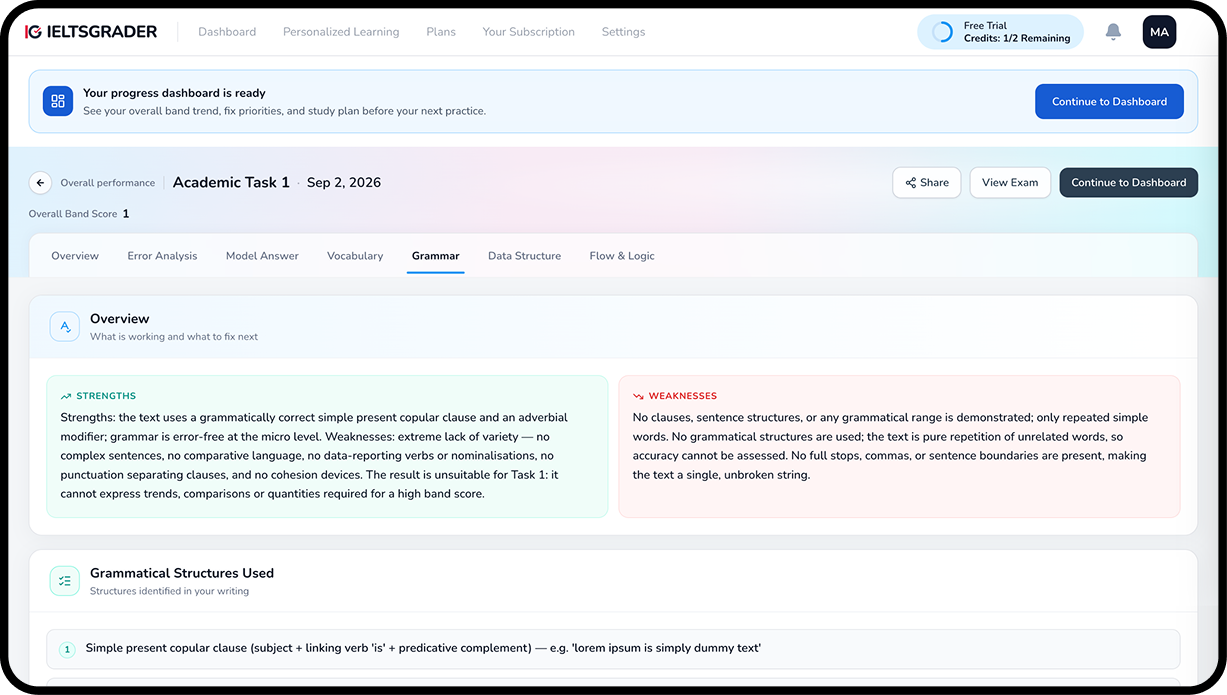 Evaluation report grammar tab showing strengths, weaknesses, and grammatical structures used