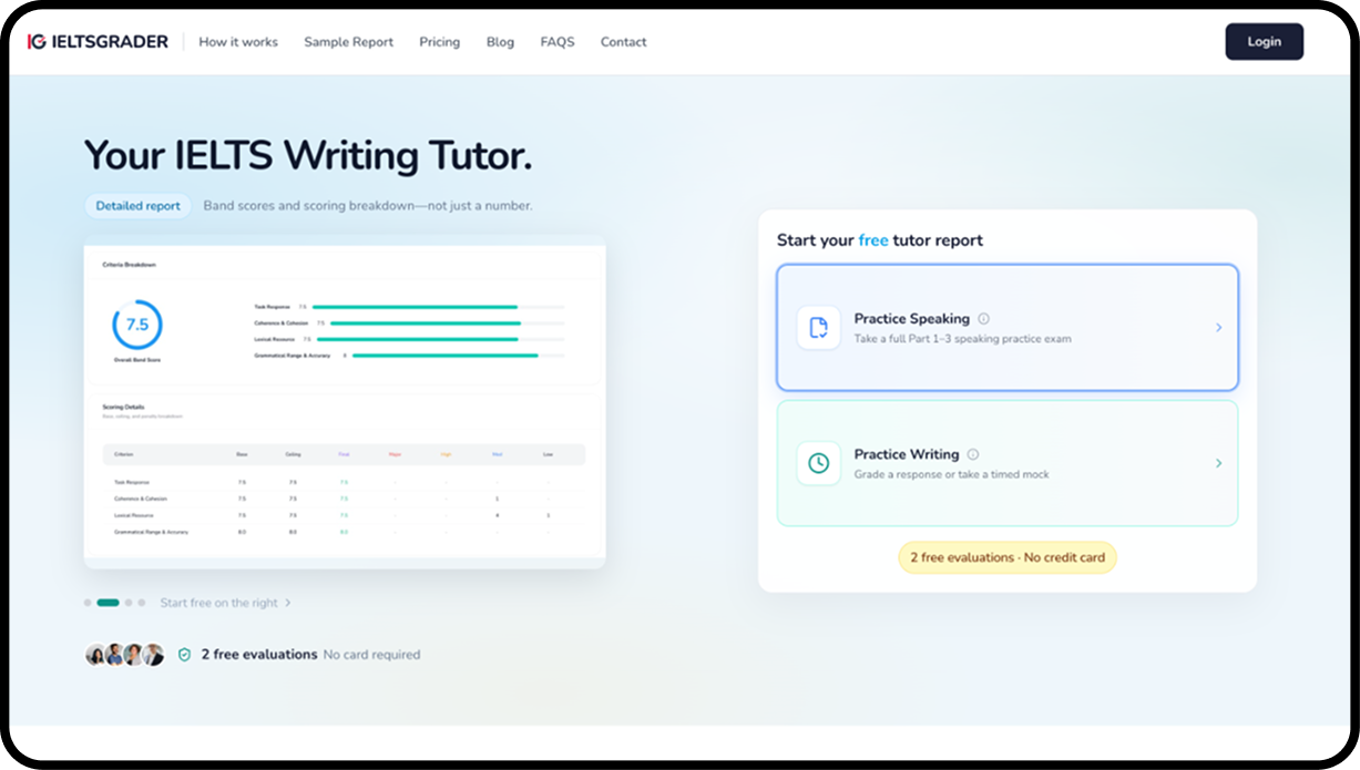 IELTSGRADER landing page with a free tutor report and Speaking and Writing practice options