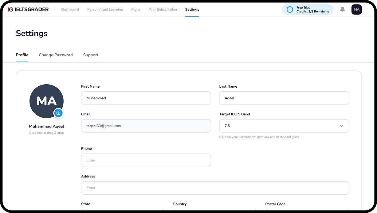 IELTSGRADER settings page with profile details and target IELTS band