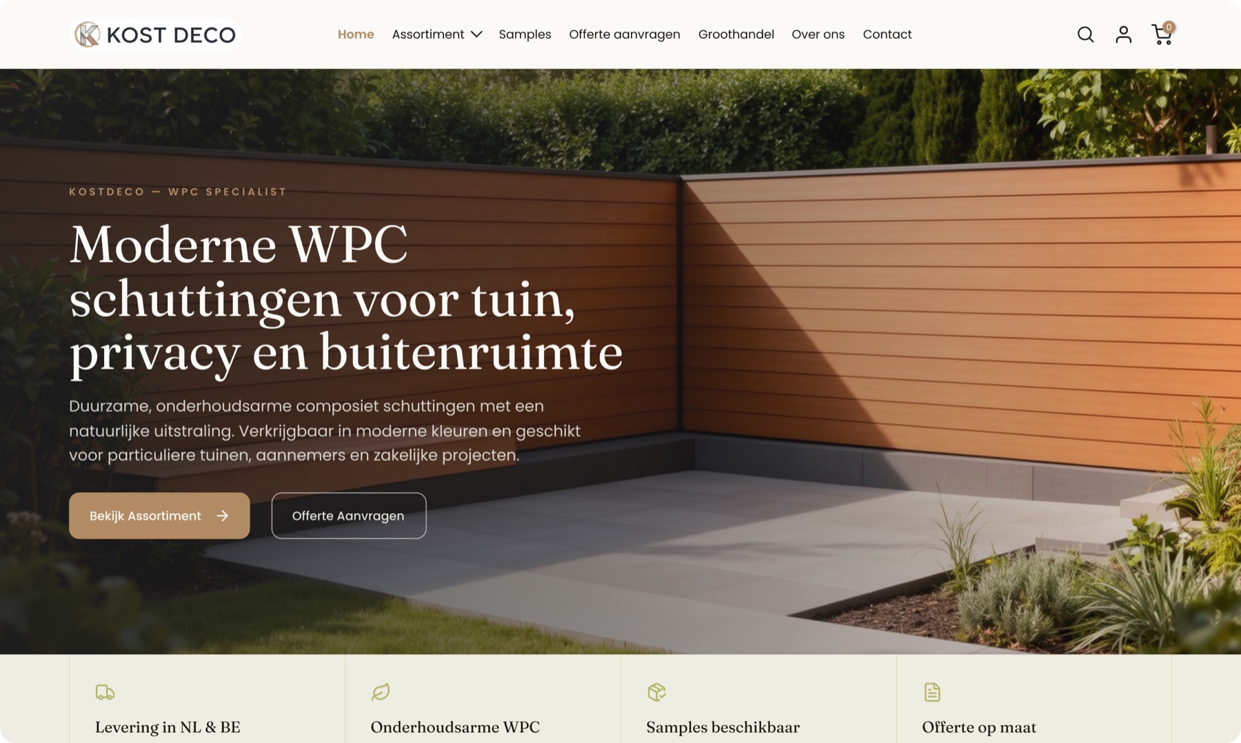 Kost Deco homepage hero showing a modern WPC garden fence with calls to view the range or request a quote