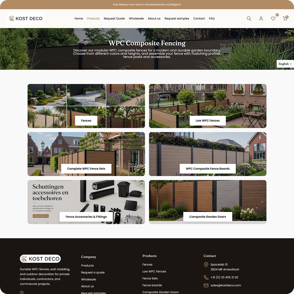 Kost Deco WPC composite fencing category page with collections for fences, fence sets, boards, accessories, and garden doors
