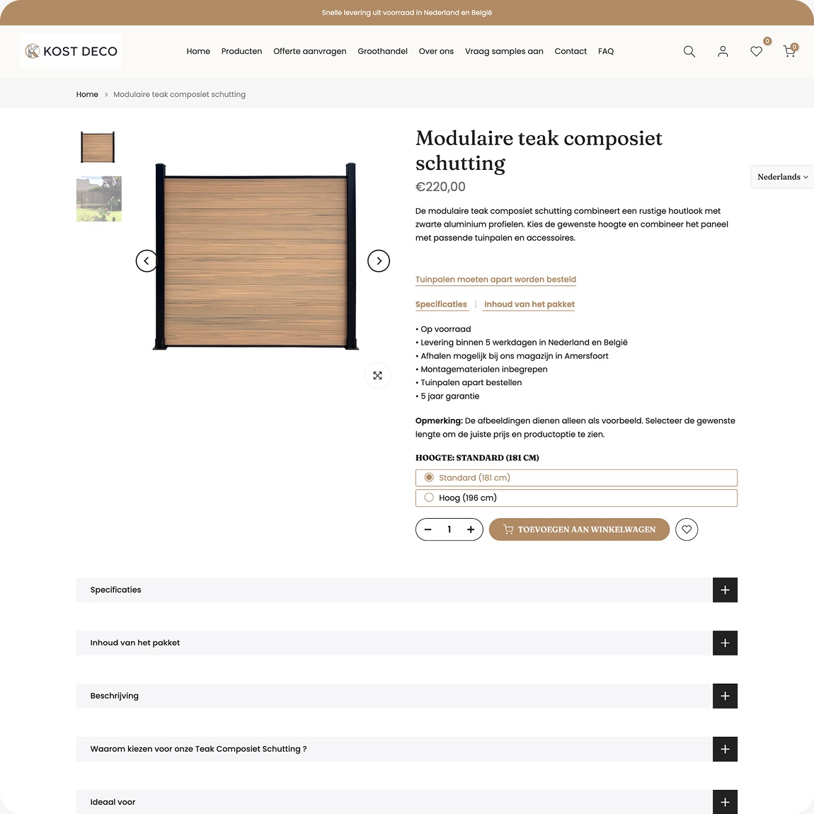 Kost Deco product page for a modular teak composite fence with height options and add to cart
