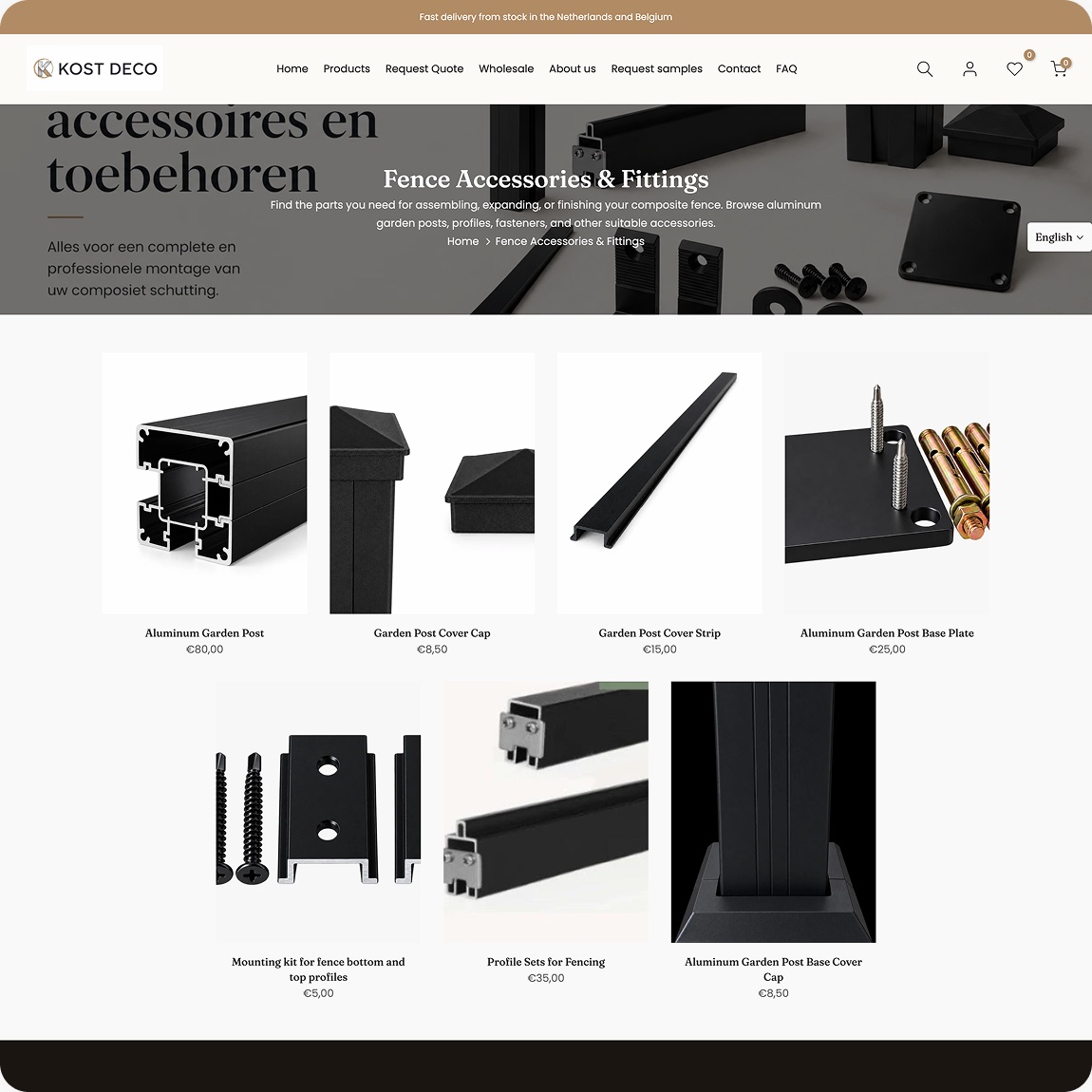 Kost Deco fence accessories and fittings page with aluminum posts, cover caps, and base plates