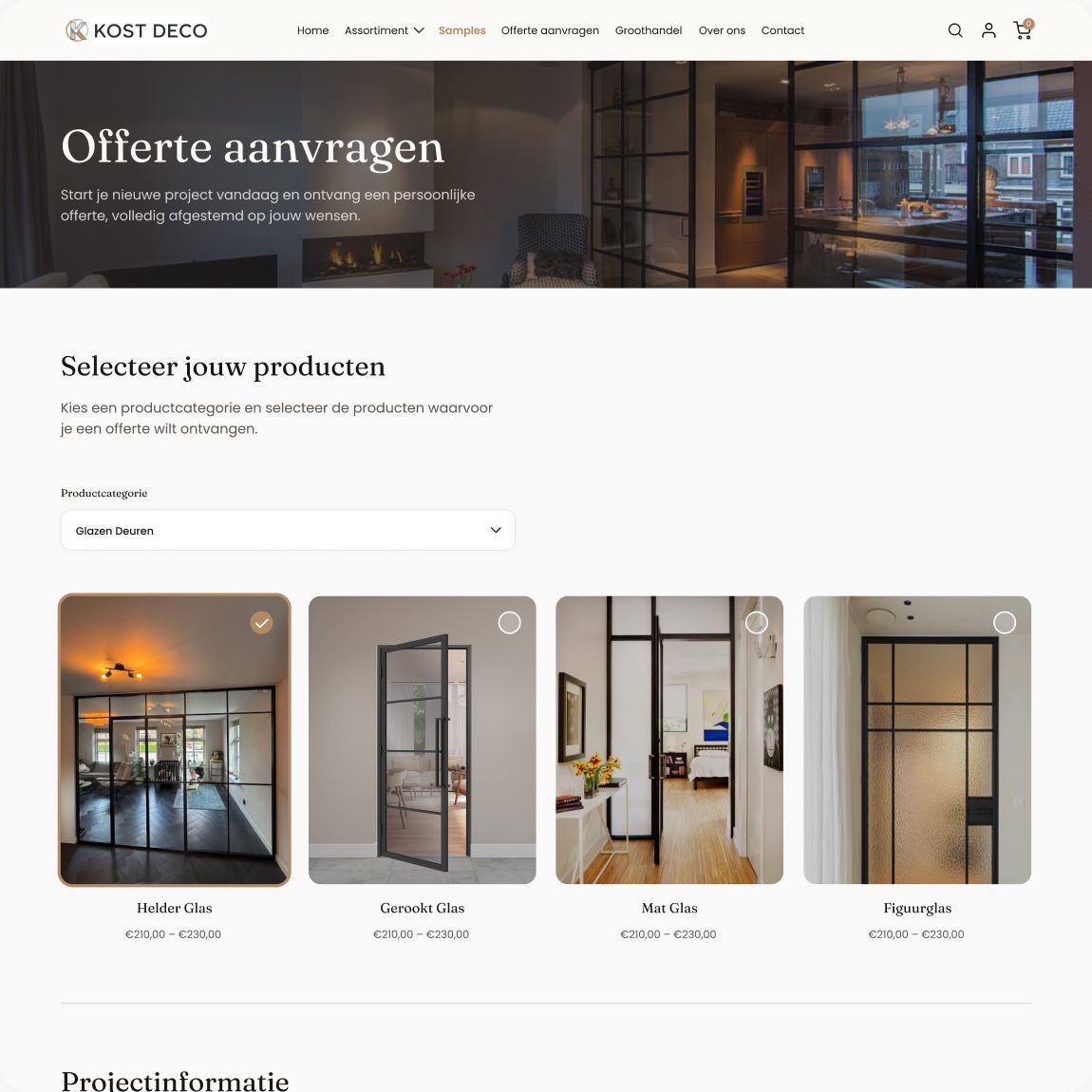 Kost Deco request a quote page where customers select products by category
