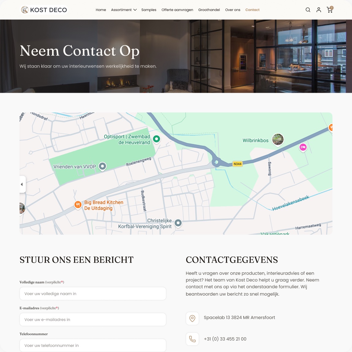 Kost Deco contact page with a map, contact details, and a message form